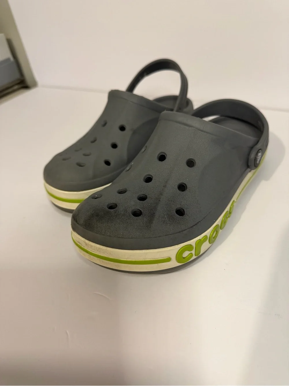 CROCS Kids Gray Clog with Lime Logo Stripe